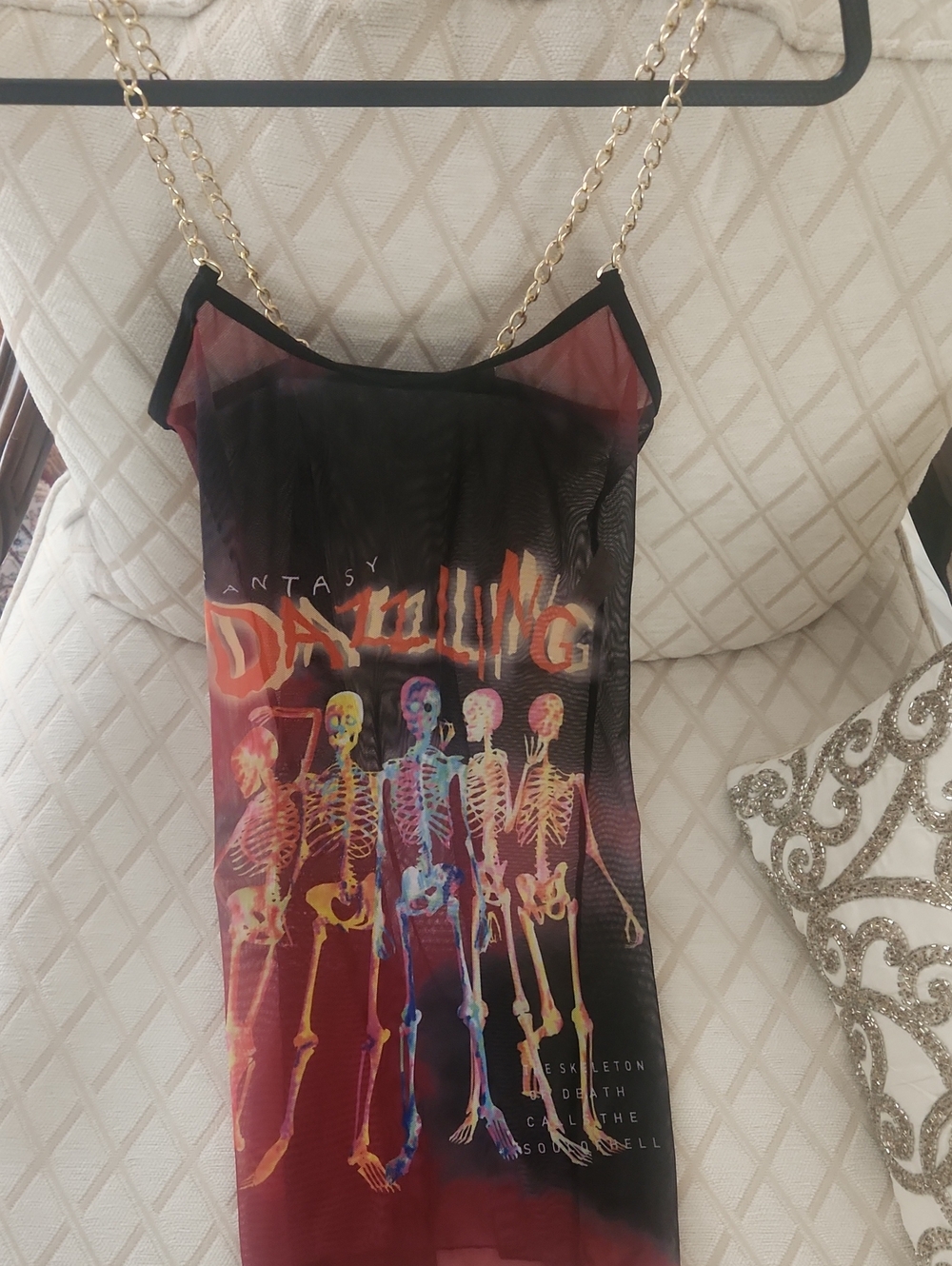 ROMWE Mesh Skeleton Slip Dress. Gold Chain Straps. Black & Red, Multicolor Print